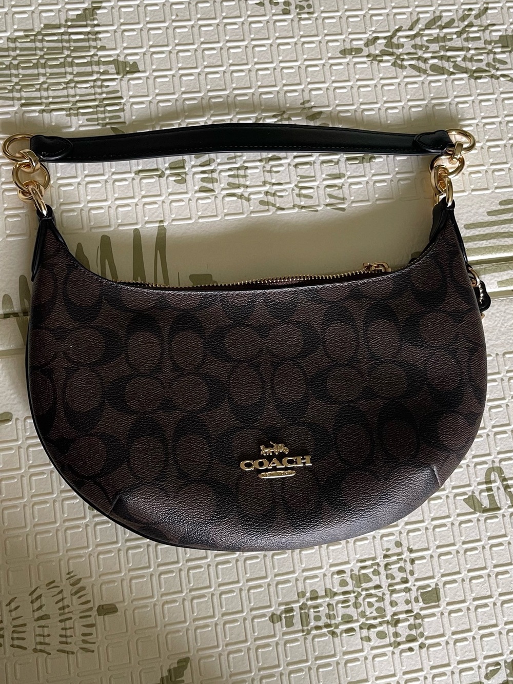 Coach Dark Brown Signature Half Moon Shoulder Bag with Gold Hardware